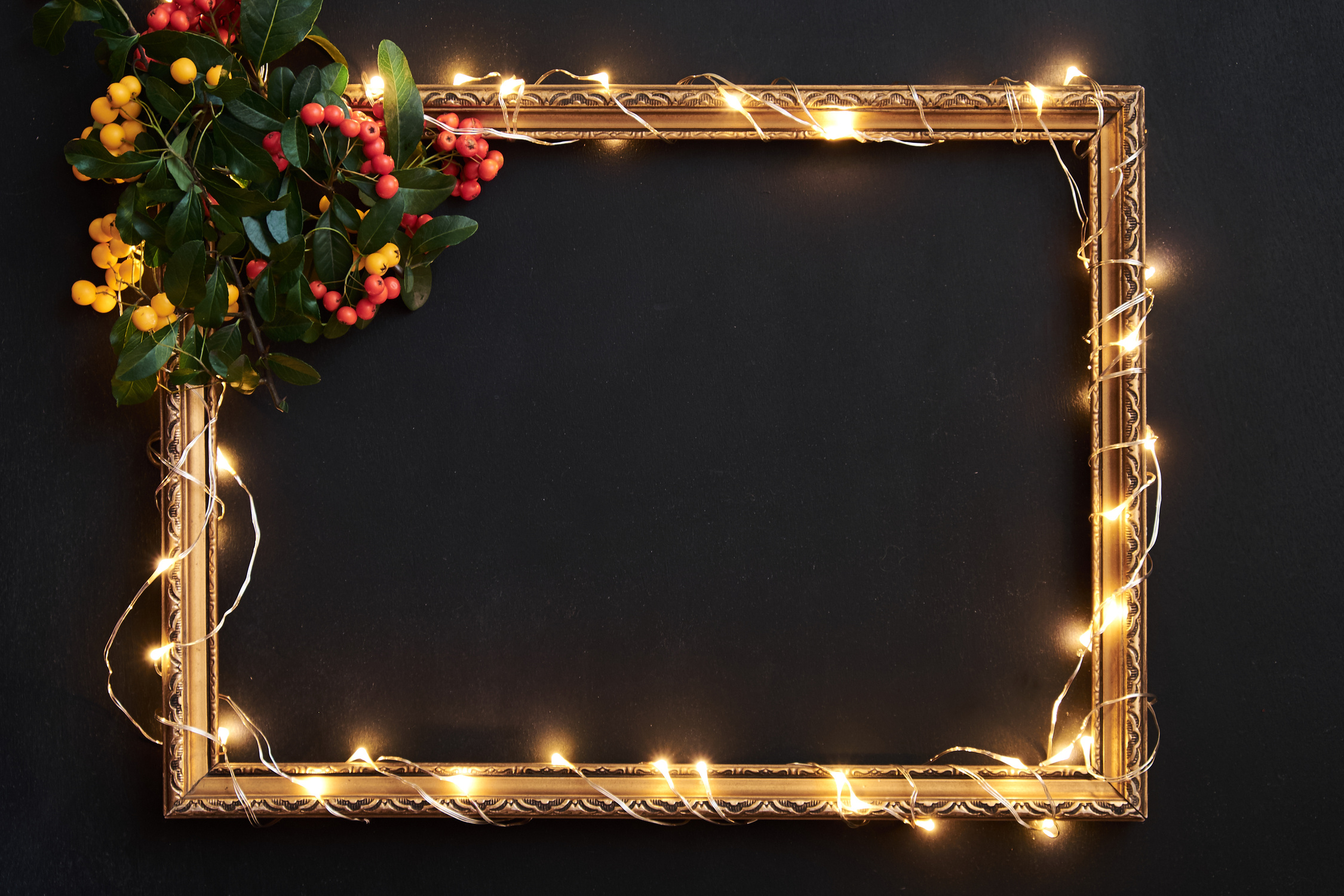 Christmas decor on blackboard with space for text