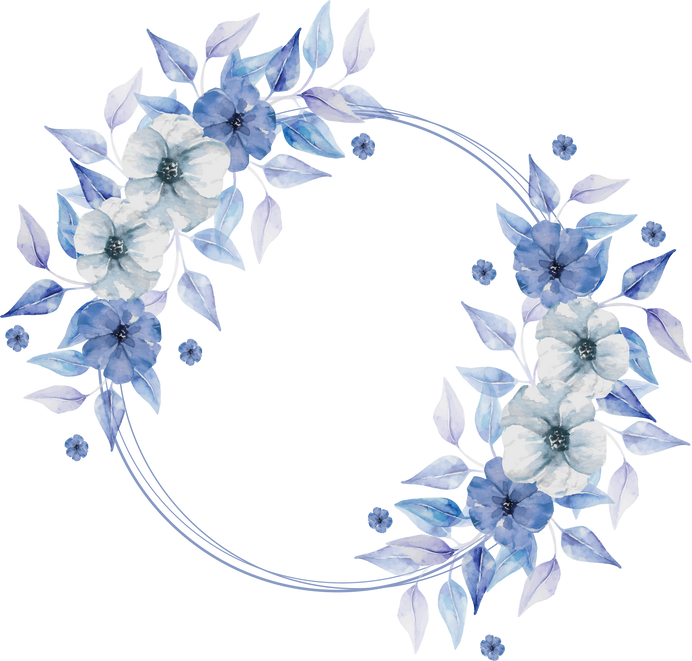 Circle frame with blue flowers arrangement